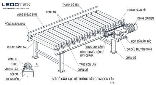 Sơ đồ cấu tạo hệ thống băng tải con lăn