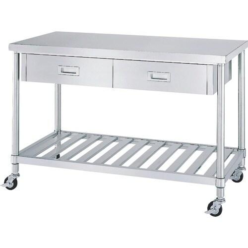 Bàn thao tác inox 304 có ngăn kéo kệ dưới và bánh xe