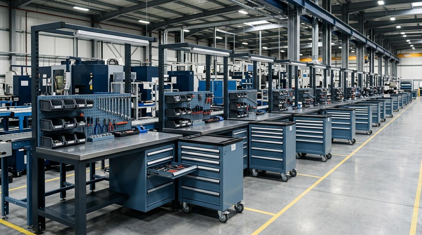 Giá bàn thao tác công nghiệp trong nhà xưởng